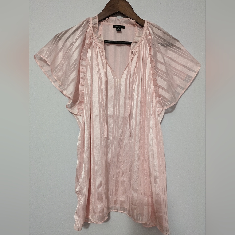 Pink Ann Taylor Factory Pajama Style Damask Stripped Flutter Sleeve Top